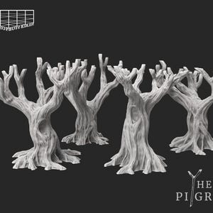 May include: Four gray, leafless tree models with textured bark and intricate branch structures. The trees have a stylized, fantasy aesthetic, suitable for tabletop gaming or decorative purposes. The image includes the text "PRINT SHOP BOYZ" and "THE PILGRIM".