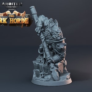 May include: A gray plastic miniature figurine of an Orc warrior holding a large club. The Orc is wearing armor and has a fierce expression on its face. The miniature is standing on a rocky base.
