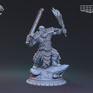 May include: A gray, detailed miniature figurine of a dwarf warrior holding a sword and a torch. The dwarf is wearing armor and a cloak. The figurine is standing on a rocky base.