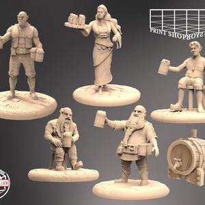 Taverne Wirt und Gäste Miniatur Set | Tavern Folks Figure Pack | NPC Townsfolk | Dungeon Scene | for TTRPGs like D&D or Pathfinder | 28mm
