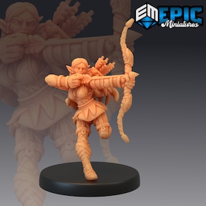 May include: A miniature figurine of an elf archer, painted in a light brown colour, holding a bow and arrow. The elf is wearing a leather tunic and leggings, and has a quiver of arrows on their back.