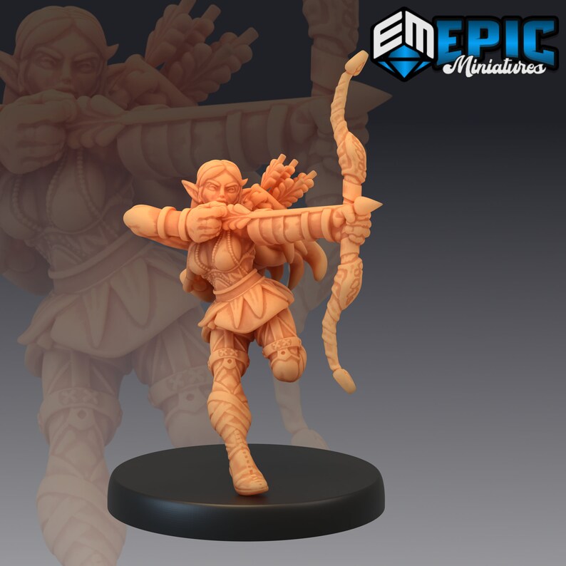 May include: A miniature figurine of an elf archer, painted in a light brown colour, holding a bow and arrow. The elf is wearing a leather tunic and leggings, and has a quiver of arrows on their back.
