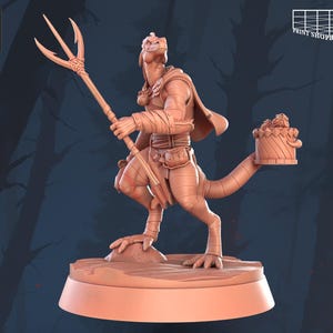 Miniatuur van een hagedissenmens-jager | Miniatuur van een hagedissenmens-speervisser | NPC-stadsbewoner | voor D&D 5e, Pathfinder en andere RPG's | 32 mm