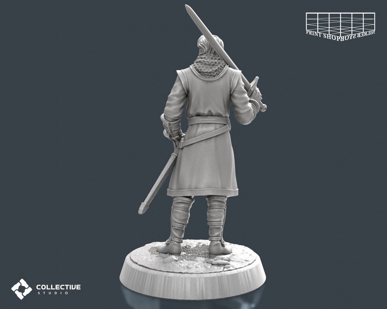 Riddarlig säkerhetsvakt utan hjälm miniatyr | Vaktsvärdskämpe figur | NPC Townsfolk | för D&D 5e, Pathfinder och andra RPG:er | 32 mm | 75 mm bild 7