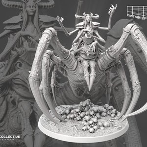 May include: A detailed, grayscale figurine of a fantasy creature. A humanoid figure with horns and elaborate attire rides atop a large spider-like body. The base features a pile of skulls. The text "PRINT SHOP BOYZ RICKER" is visible.