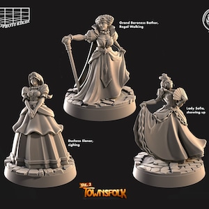 May include: Three 3D printed figurines of women in different poses. The woman on the left is standing with her hands clasped in front of her. The woman in the middle is standing with her right hand raised and holding a staff. The woman on the right is standing with her right hand raised and holding a fan. The figurines are all wearing dresses and have detailed facial features. The text "Duchess Elaner, sighing", "Grand Baroness Bathor, Regal Walking", and "Lady Sofia, showing up" is printed below each figurine.