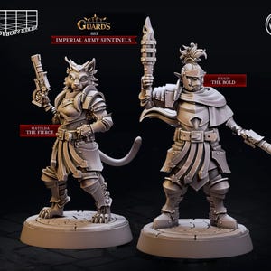 May include: Two miniature figures of fantasy warriors, one a cat-like humanoid with a pistol and the other a human-like figure with a torch. The figures are painted in a grey colour and are standing on circular bases. The text "CITY GUARDS 881 IMPERIAL ARMY SENTINELS" is visible at the top of the image.