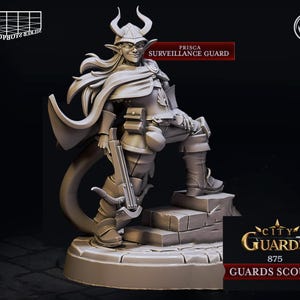 May include: A grey 3D printed miniature of a female elf with horns, wearing a cloak and holding a crossbow. The miniature is standing on a stone base and is labelled "Prisca Surveillance Guard" and "City Guards 875 Guards Scouts".