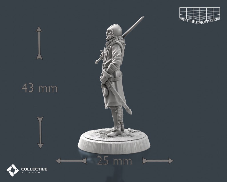 Riddarlig säkerhetsvakt utan hjälm miniatyr | Vaktsvärdskämpe figur | NPC Townsfolk | för D&D 5e, Pathfinder och andra RPG:er | 32 mm | 75 mm bild 10
