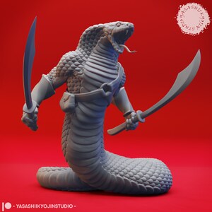 May include: A grey, snake-like creature with a human-like torso and arms, holding two scimitars. The creature has a reptilian head with a large mouth and fangs. The background is a solid red.