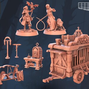 May include: A collection of 3D-printed miniatures, including figures of people, a wagon, a cage, and other props. The figures are in various poses, and the wagon has a detailed wooden design. The miniatures are all in a light brown color.