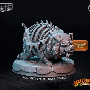 May include: A gray, skeletal pig miniature with a base, standing on a gray, textured base. The miniature is 17mm tall and the base is 25mm in diameter. The miniature is labeled "Undead Pig".