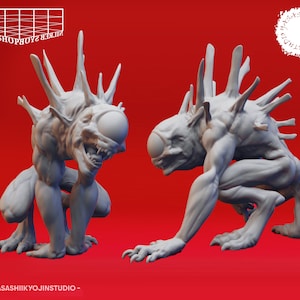 Könnte beinhalten: Zwei graue Monsterfiguren mit großen Augen, spitzen Zähnen und stacheligen Vorsprüngen. Sie sind auf rotem Hintergrund dargestellt. Der Text "PRINT SHOPBOYZ BERLIN" und "YASASHIIKYOJINSTUDIO" sind sichtbar.