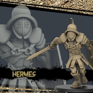 May include: A gray plastic miniature figurine of a Roman soldier wearing a helmet with a face mask and holding a sword and shield. The figurine is standing on a gray base. The text "HERMES" is printed below the figurine.