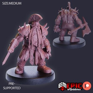 May include: A 3D printed miniature of a dwarf warrior with a mohawk, beard, and axe. The miniature is painted in a light pink color and is standing on a black base. The miniature is pre-supported and ready to be printed.