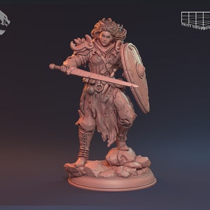 May include: A detailed miniature figurine of a female warrior, sculpted in a light brown color. She is wearing armor, a cloak, and holding a sword and shield. The figurine is standing on a rocky base.