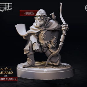May include: A grey plastic miniature figurine of a goblin archer with a bow and arrow. The goblin is wearing a hooded cloak and armour. The figurine is on a round base. The text "CITY GUARDS 875 GUARDS SCOUTS" is printed on the base.