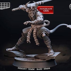 May include: A gray 3D printed miniature of a demon warrior holding a sword. The miniature is 32 mm tall and has a 25 mm base. The demon has horns, a beard, and a tail. The text "Fangblade Oda" is printed on a red banner behind the miniature.