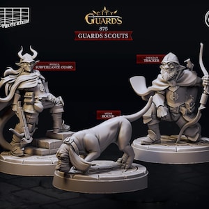 May include: Three miniature figures of fantasy characters, a female elf with a crossbow, a male dwarf with a bow and arrow, and a hound. The figures are painted in a grey colour and are standing on circular bases.