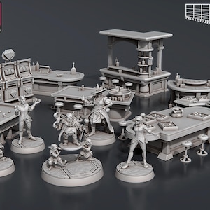 Könnte beinhalten: Eine Sammlung von 3D-gedruckten Miniaturen, die eine Casino-Szene darstellen. Das Set beinhaltet Spielautomaten, Spieltische, eine Bar und verschiedene Charakterfiguren. Die Miniaturen sind in einem neutralen Grauton gehalten, ideal zum Bemalen. Das Logo "STL Miniatures" ist sichtbar.