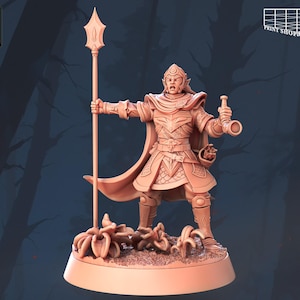 Può includere: Una miniatura stampata in 3D di un personaggio fantasy, un umano con orecchie a punta, che indossa un'armatura e tiene una lancia. Il personaggio è in piedi su una base con un design a forma di fungo.