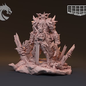 May include: A 3D printed miniature of a large, horned warrior figure holding a sword and shield, standing next to a smaller female warrior figure also holding a sword. The figures are standing on a rocky base with a tree stump and mushrooms.