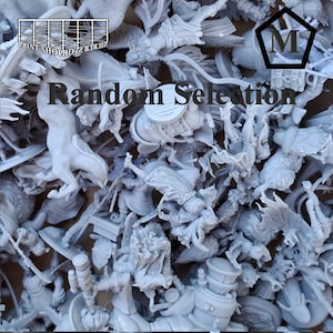 May include: A collection of unpainted, light gray miniature figures, including fantasy characters and creatures. The text "Random Selection" is displayed across the center of the image. The Print Shop Boys logo is in the upper left corner.