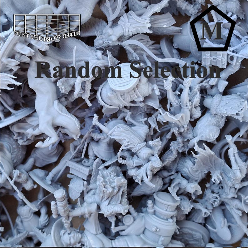May include: A collection of unpainted, light gray miniature figures, including fantasy characters and creatures. The text "Random Selection" is displayed across the center of the image. The Print Shop Boys logo is in the upper left corner.