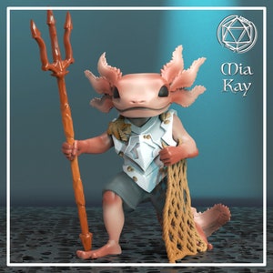 May include: A pink axolotl figurine wearing a white and blue vest, holding a brown spear and a brown rope net. The figurine is standing on a black and gray textured surface. The text "Mia Kay" is visible in the upper right corner of the image.