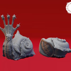 May include: A gray, 3D printed model of a snail with a human-like hand with five fingers and star-shaped tips. The snail is curled up with its shell facing the viewer. The model is on a red background.