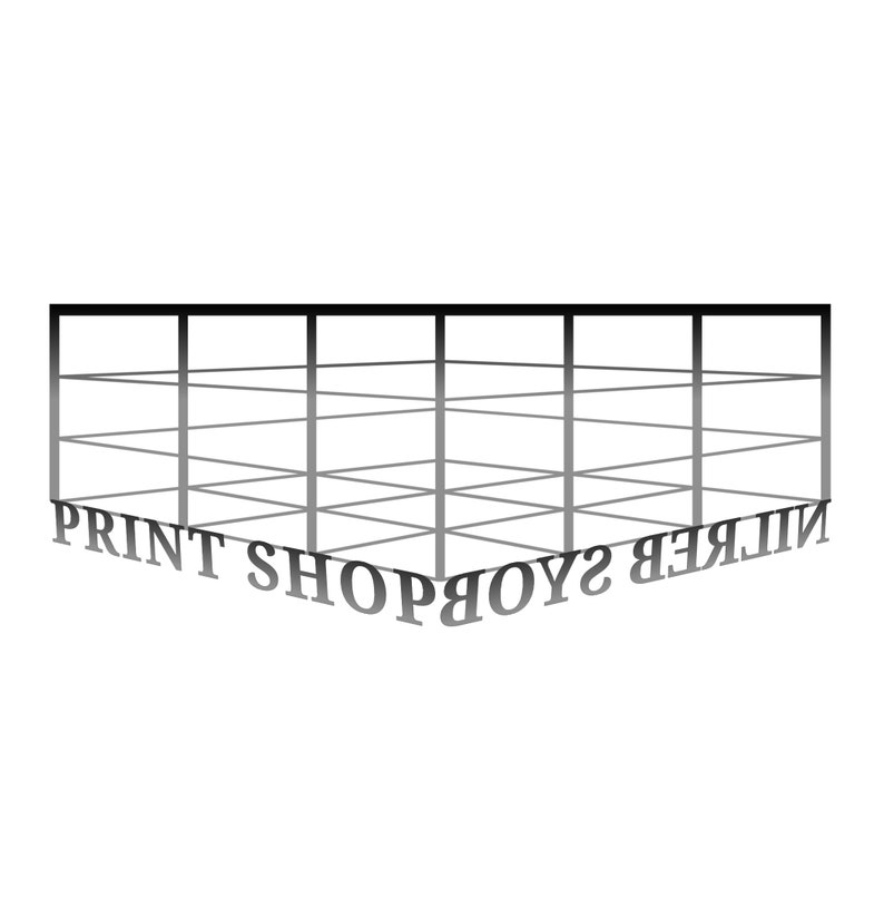 K&ouml;nnte beinhalten: Ein Schwarzwei&szlig;bild einer 3D-optischen T&auml;uschung der W&ouml;rter "Print Shop Boys" und "Nike", geschrieben in einer fetten, serifenlosen Schrift.