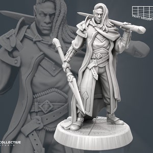 May include: A gray, detailed miniature figurine of a person with long dreadlocks, wearing a long coat and holding a sword. The figurine is standing on a round base.