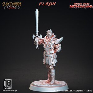 May include: A grey 3D printed miniature of a fantasy character holding a sword. The character is wearing armor and a cloak. The miniature is on a round base. The text "ELRON" is above the miniature. The text "MARCH 2022 METHUSELANS" is in the upper right corner of the image.