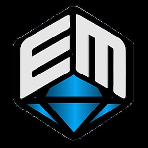 Puede incluir: Un logotipo blanco y negro con las letras "EM" dentro de un hex&aacute;gono blanco con un diamante azul en el centro.