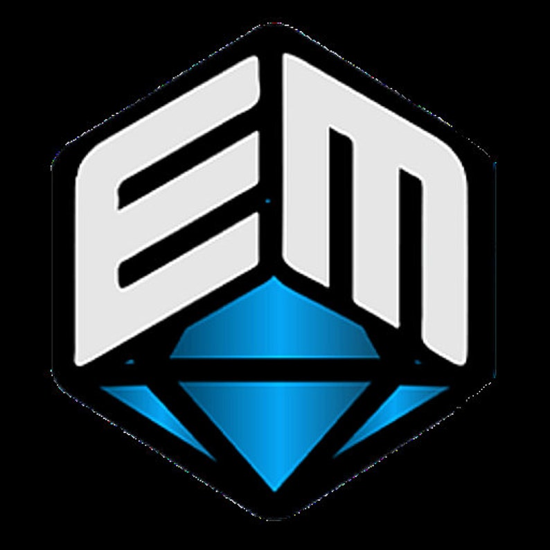 Puede incluir: Un logotipo blanco y negro con las letras "EM" dentro de un hex&aacute;gono blanco con un diamante azul en el centro.
