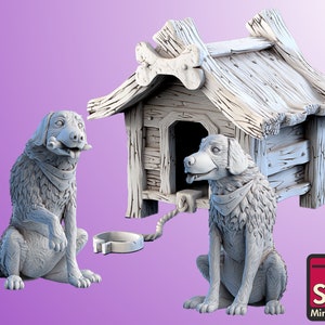 Dog with doghouse | Dog Companion Miniature | Farm Encounters | for TTRPG&#39;s like D&D 5e, Pathfinder and others | 32mm