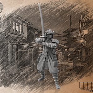 Katana Fighter Miniature | Bushido Armored Samurai | for D&D 5e, Pathfinder and other RPG&#39;s | 32mm