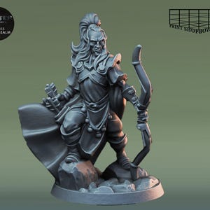 May include: A grey plastic miniature figurine of an elf archer with a bow and arrow. The elf is wearing a long tunic and a cloak. The figurine is standing on a rocky base.