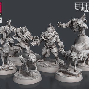 May include: A set of grey miniature figurines featuring werewolves and wolves in action poses. The collection includes several werewolf figures and smaller wolf companions. The STL Miniatures logo is visible, along with the Print Shop Boys logo.