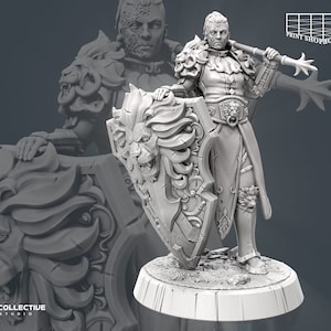 May include: A gray, detailed miniature figurine of a warrior holding a spear and a shield with a lion's head design. The warrior is wearing armor and a flowing cloak. The miniature is standing on a round base.
