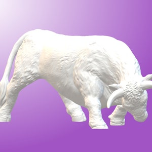 May include: A white, furry bull figurine with horns, standing with its head lowered, as if charging.