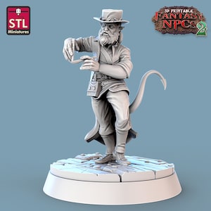 May include: A 3D printed miniature of a fantasy character with a long beard, wearing a hat and a long coat. The character is holding a small object in their hand. The miniature is standing on a circular base.