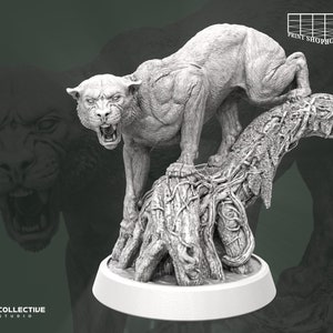 May include: A detailed miniature figurine of a snarling panther standing on a tree stump with vines. The panther is sculpted in a realistic style with a textured surface.