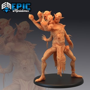 May include: A 3D printed miniature of a monstrous creature with multiple heads and arms. The creature is depicted in a dynamic pose, with its limbs outstretched and its heads snarling. The miniature is painted in a light brown color, giving it a realistic appearance.