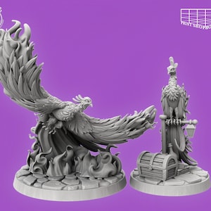 Op de afbeelding: Twee gedetailleerde, grijze feniksbeeldjes. Eén is in volle vlucht, oprijzend uit vlammen. De andere zit op een paal met een lantaarn, naast een schatkist. De bases zijn cirkelvormig met een steenachtige textuur. Het "Cast n Play" logo is zichtbaar.