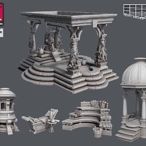 Può includere: Un set di cinque strutture in pietra in miniatura stampate in 3D, tra cui un gazebo, una fontana, una panchina e due strutture più piccole. Le strutture sono tutte dettagliate con intricate sculture e disegni.