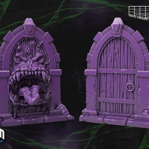 May include: Two purple fantasy door miniatures. One door features a monster face with a wide open mouth and long tongue. The other door has a wooden door design with a metal ring handle. The doors are set on a stone base.