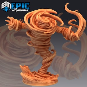 May include: A miniature figurine of a swirling orange tornado with a base. The tornado is sculpted in a detailed, realistic style.