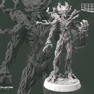 May include: A detailed, grey, 3D printed miniature of a tree creature with a humanoid form. The creature has a gnarled, bark-like texture and multiple branches extending from its body. It stands on a round base.