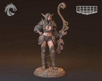 May include: A detailed figurine of an elf archer, sculpted in a neutral brown colour. The elf is wearing leather armour and holding a bow and arrow. The figurine is standing on a circular base.